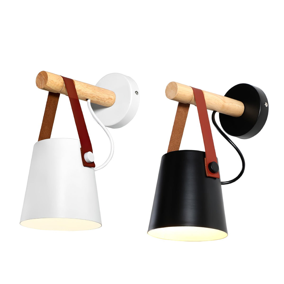 A white and a black Clérachic wall light side by side on white, each with a wooden bar and brown leather strap.