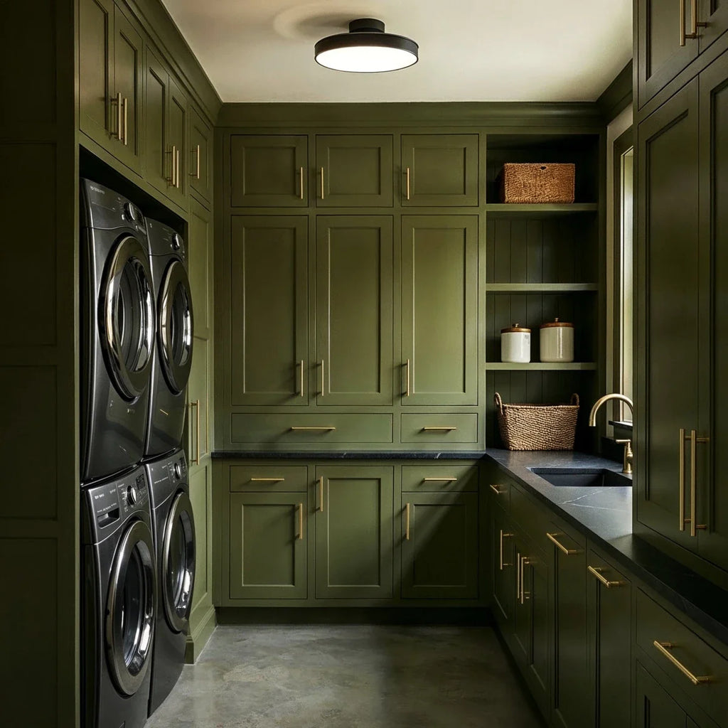 Clérachic black flush-mount ceiling light glowing above olive cabinetry and stacked washer-dryer units in a laundry room.