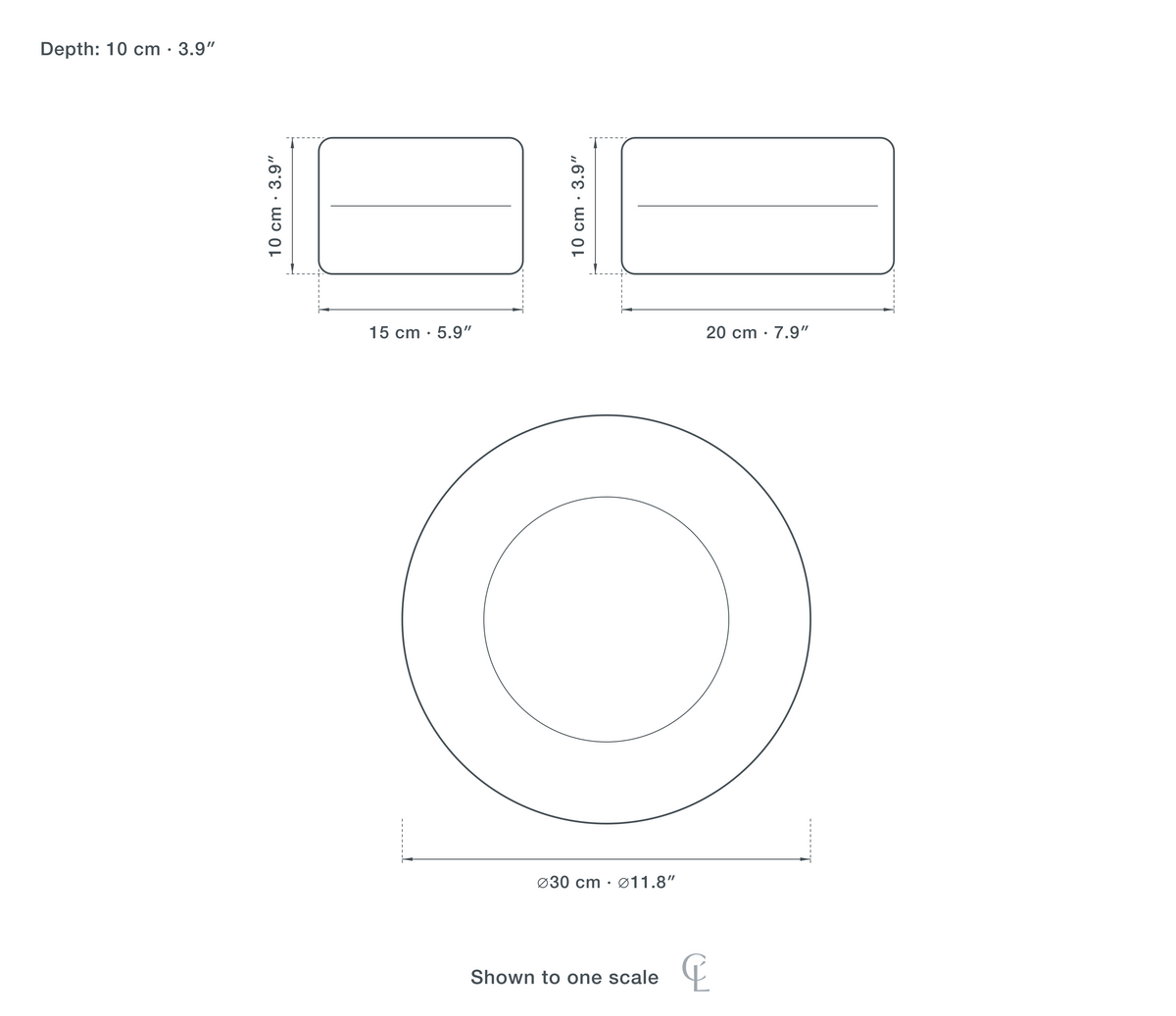 Technical dimension drawing of the Clérachic Copper Ceiling Light for Hallway, Flush Fitting, 30 cm Wide in 3 sizes — 15 × 10 cm (5.9 × 3.9″), 20 × 10 cm (7.9 × 3.9″), 30 cm (11.8″) across, drawn to one scale.
