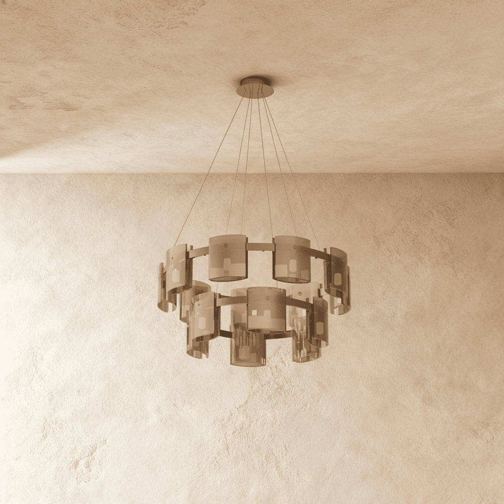 A wider view of the Clérachic chandelier's two-tier ring of smoky bronze glass cylinders, hung on fine ceiling wires.