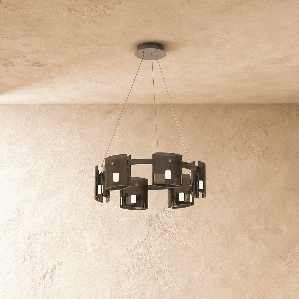 Clérachic chandelier in a single tier of dark smoky glass cylinders on a matte black frame.