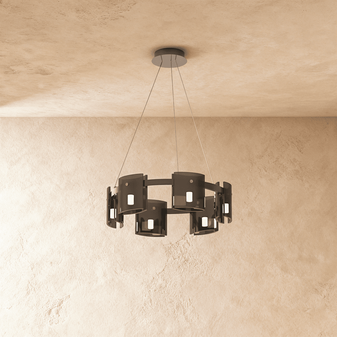 Clérachic chandelier in a single tier of dark smoky glass cylinders on a matte black frame.
