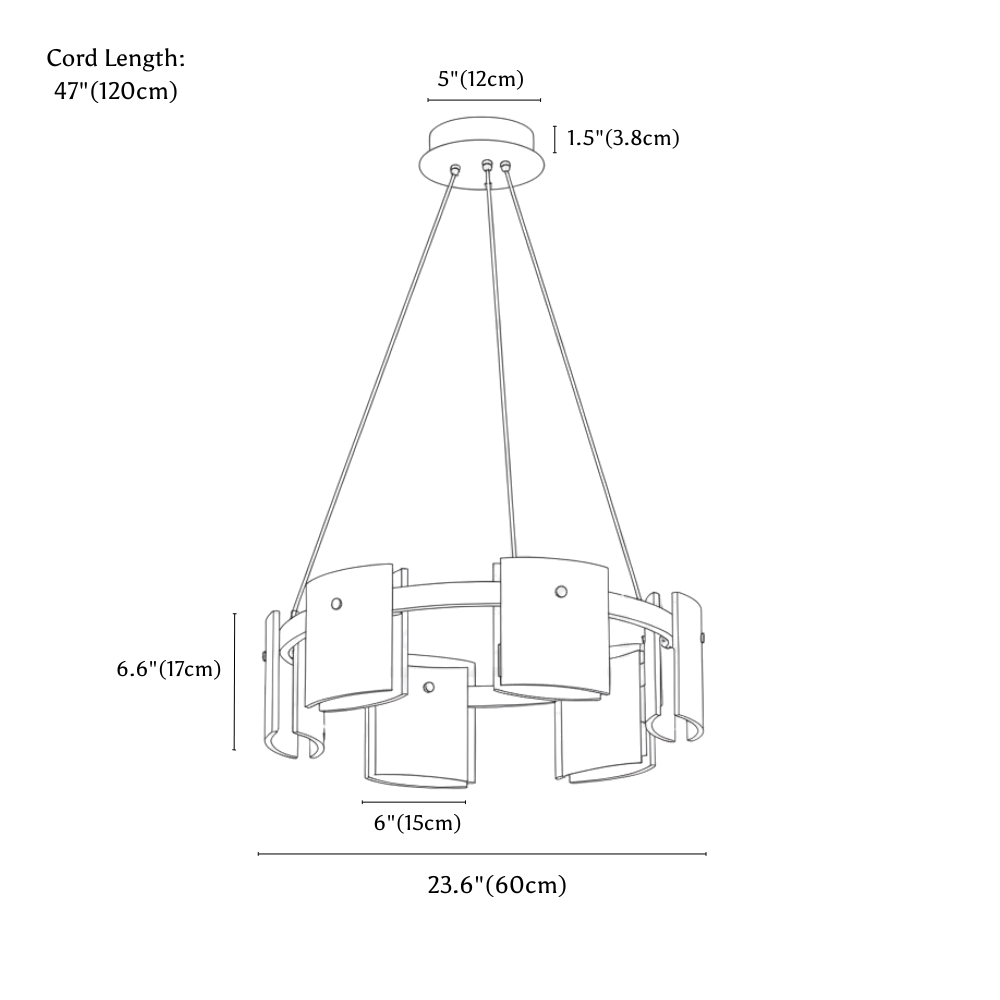 Clérachic chandelier dimension drawing, 1 Tier, Small, 6 Heads, every measurement marked in centimetres and inches.