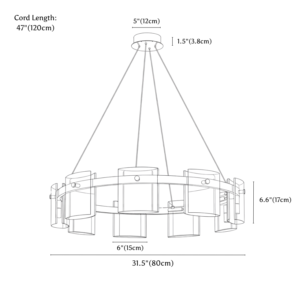 Clérachic chandelier dimension drawing, 1 Tier, Large, 9 Heads, every measurement marked in centimetres and inches.
