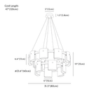 Clérachic chandelier dimension drawing, 2 Tiers, 15 Heads, every measurement marked in centimetres and inches.