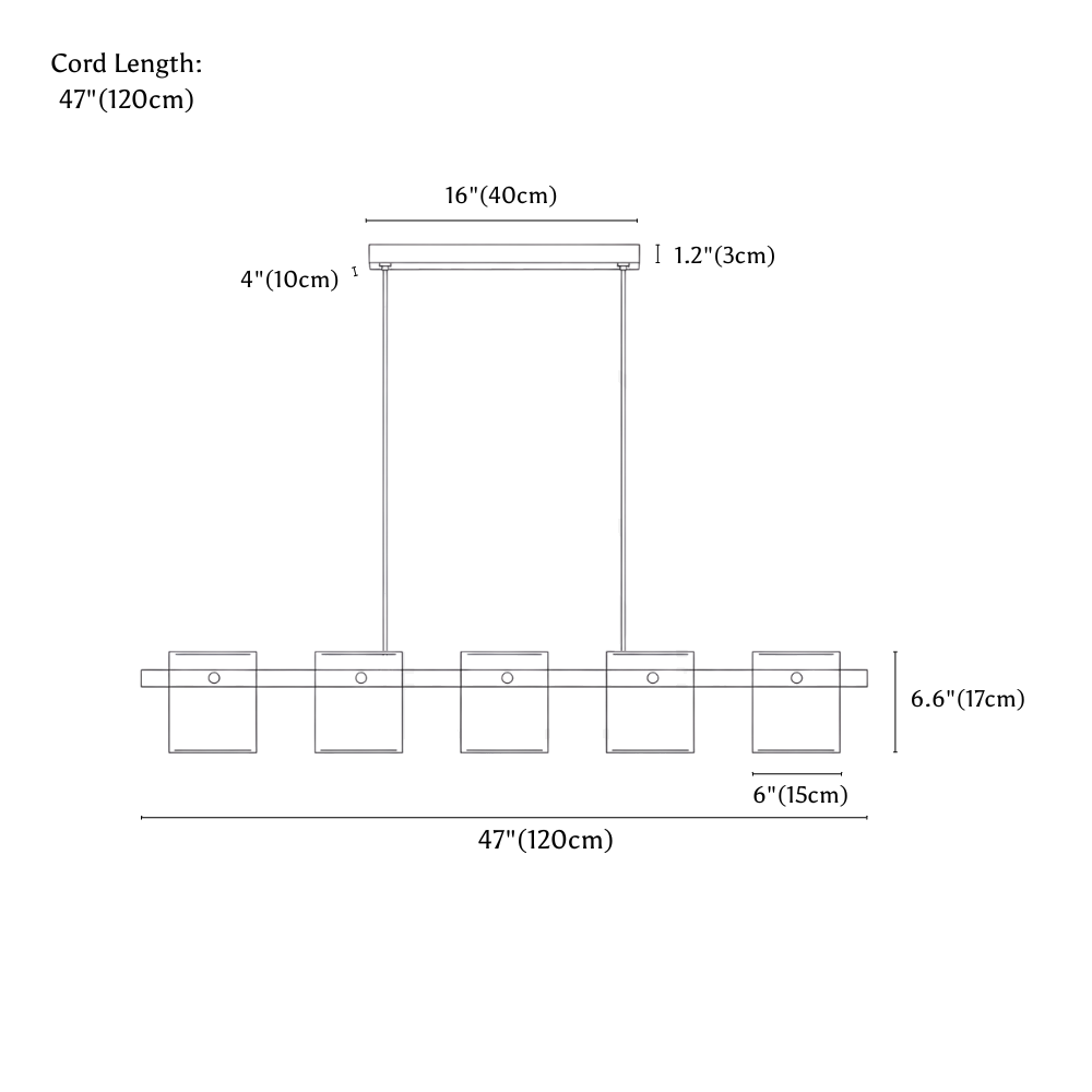 Clérachic chandelier dimension drawing, Linear, 5 Heads, every measurement marked in centimetres and inches.