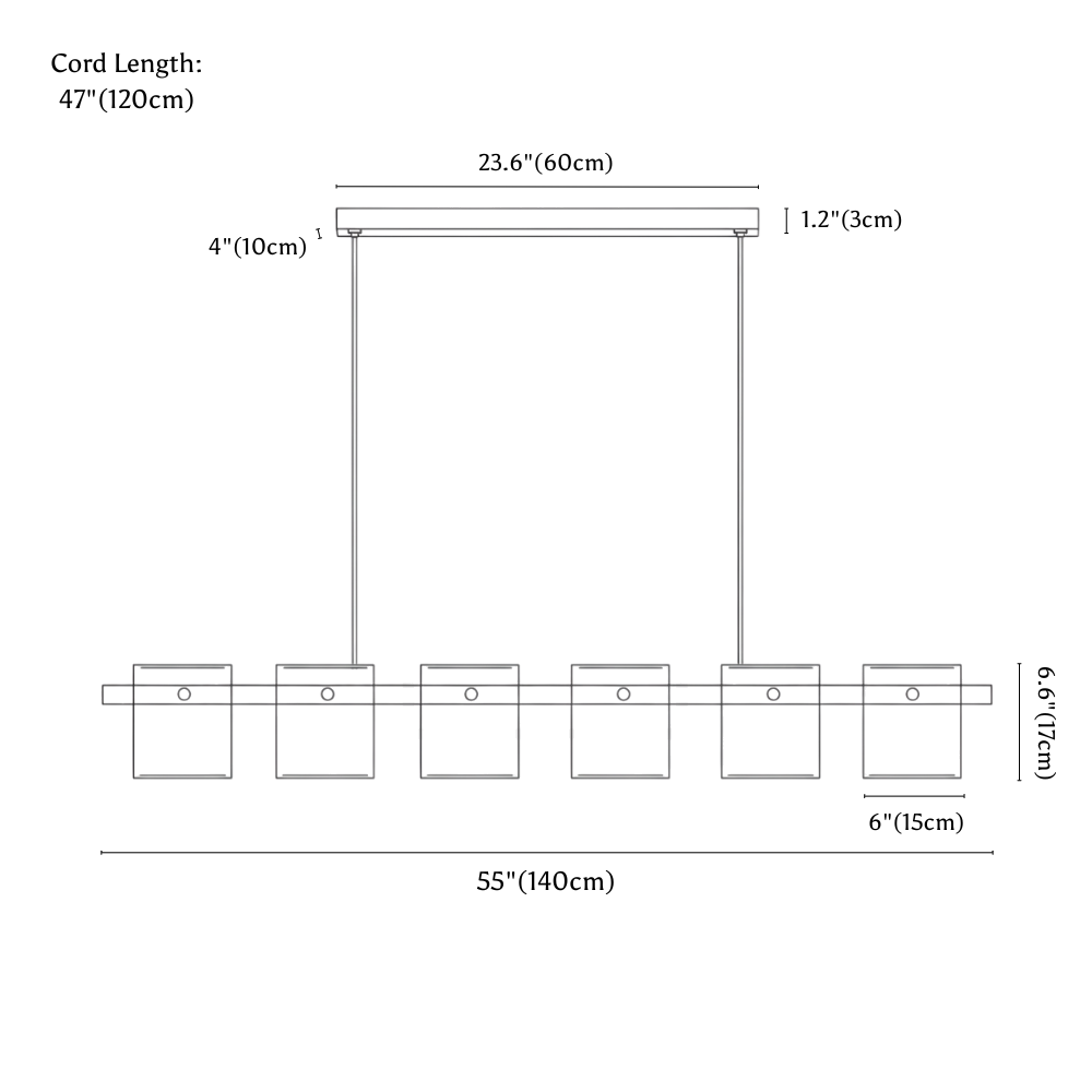 Clérachic chandelier dimension drawing, Linear, 6 Heads, every measurement marked in centimetres and inches.