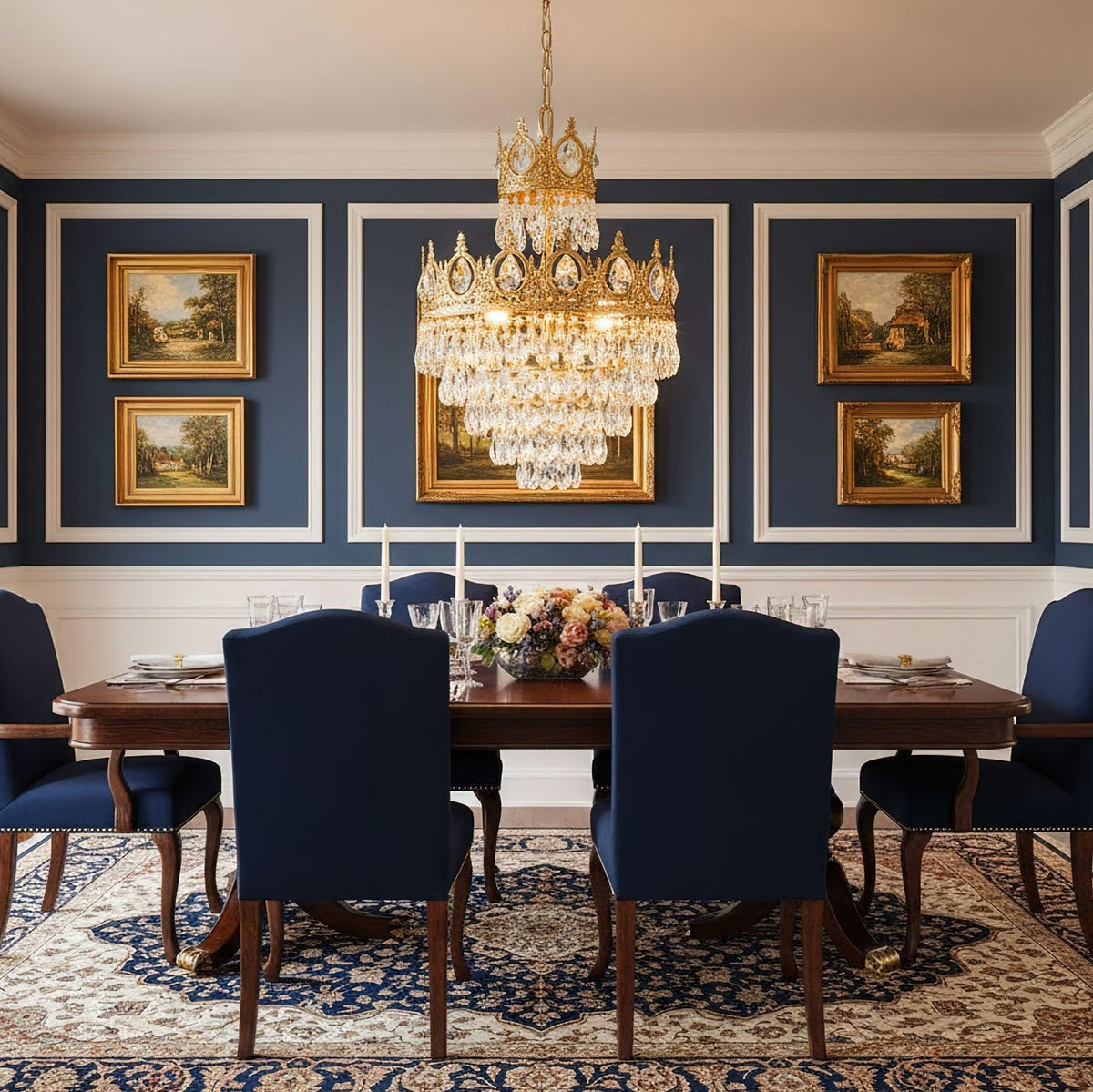 Clérachic crystal chandelier glowing over a mahogany dining table, with navy chairs and navy panelled walls hung with gilt-framed art.