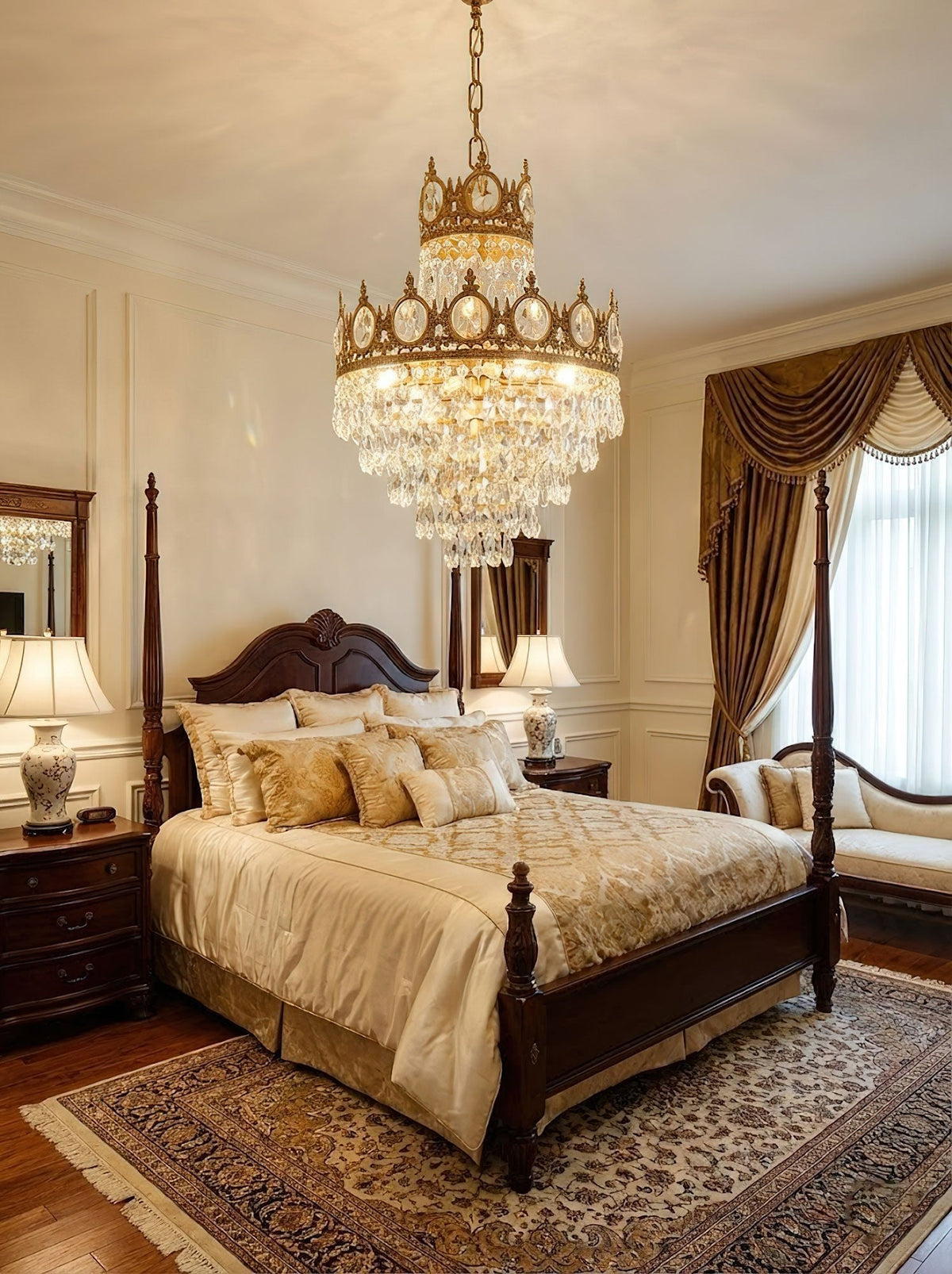 Clérachic crystal chandelier lit above a four-poster bed with gold bedding, in a cream room with draped curtains.
