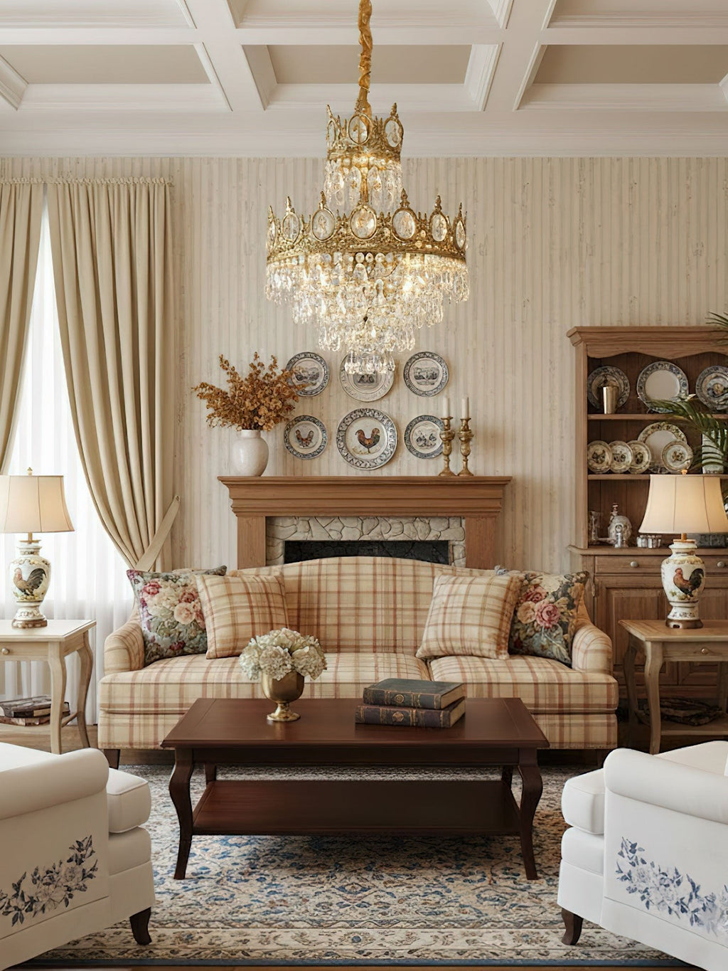 Clérachic crystal chandelier hung in a panelled living room, above a check sofa and a dark wood coffee table.