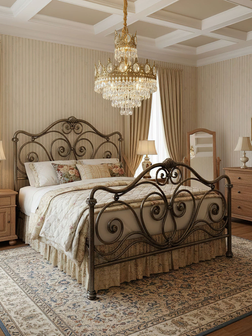 Clérachic chandelier lit over a wrought-iron bed with floral bedding, in a striped-wall room with a coffered ceiling.