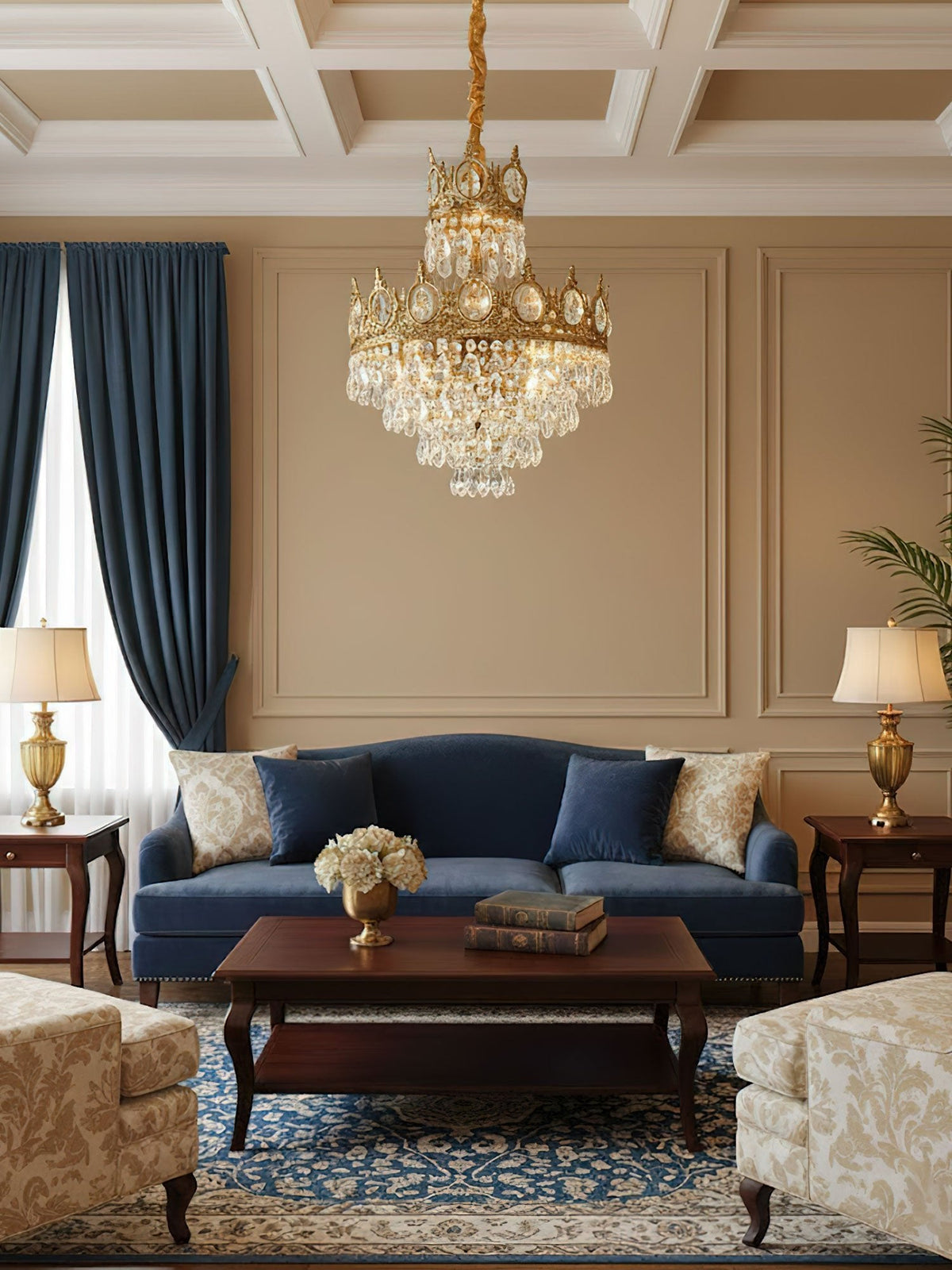 Clérachic chandelier above a navy sofa and a wooden coffee table, with navy curtains and a coffered ceiling.
