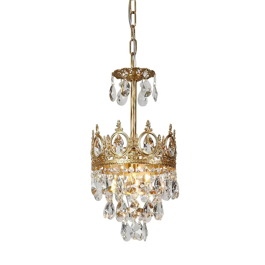 Small Clérachic crystal chandelier on a white background, with one crown ring, a short chain and clear teardrop crystals.