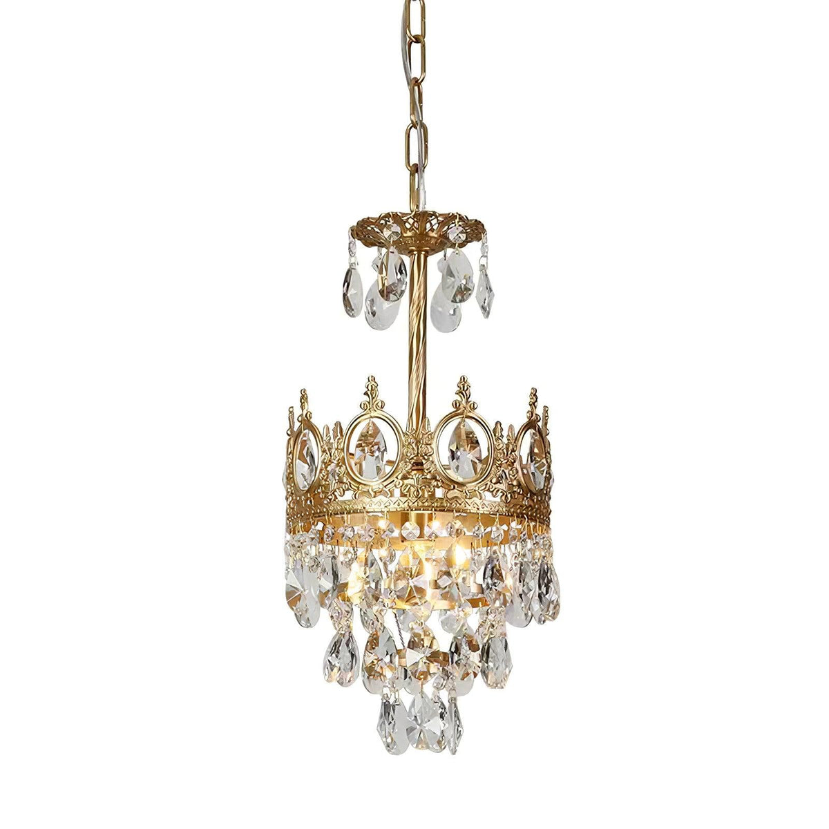 Small Clérachic crystal chandelier on a white background, with one crown ring, a short chain and clear teardrop crystals.