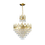Small Clérachic chandelier on a white background, with a brass canopy, a chain and two crown tiers of clear crystals.