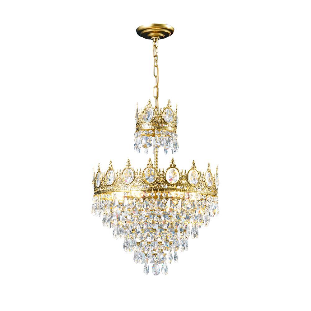 Small Clérachic chandelier on a white background, with a brass canopy, a chain and two crown tiers of clear crystals.