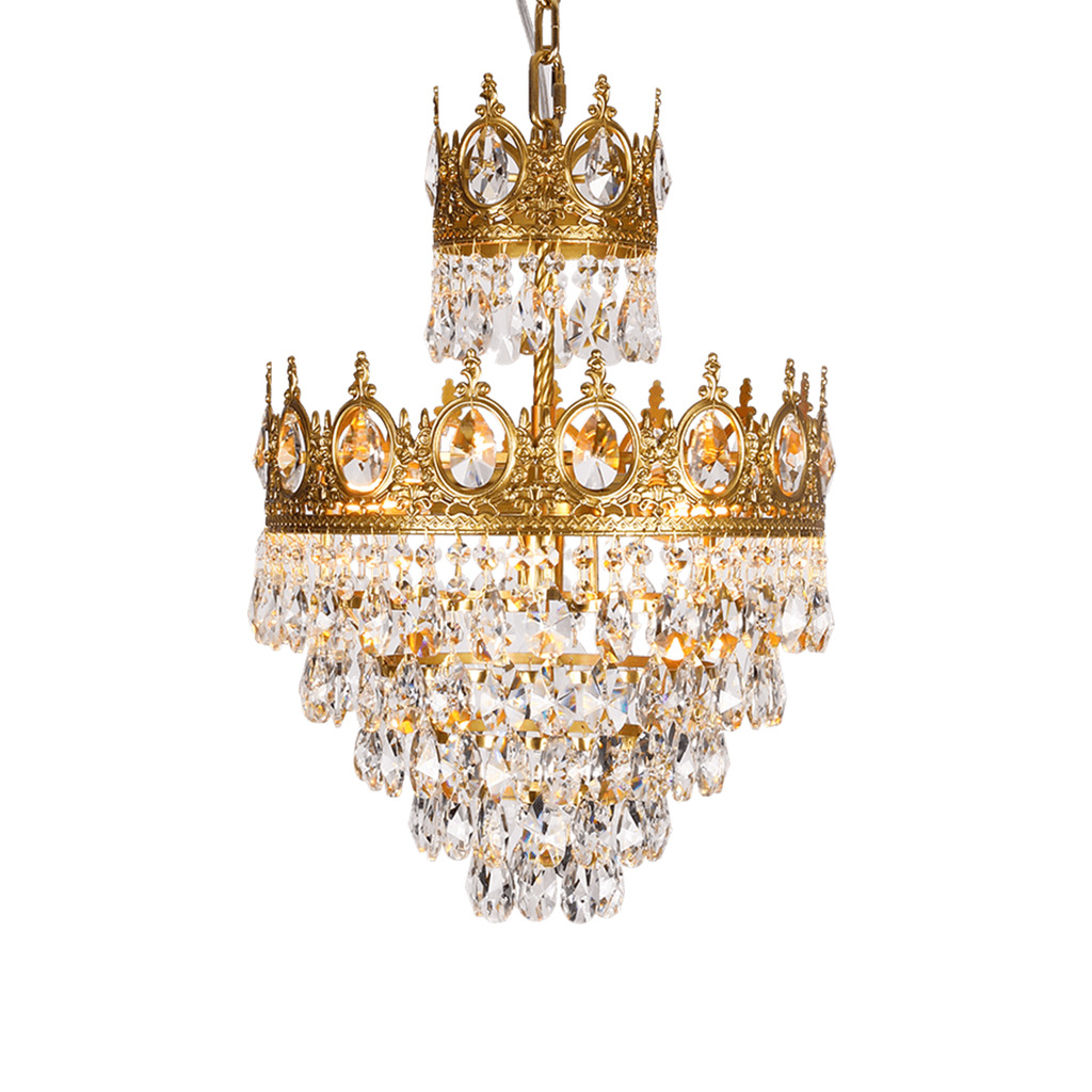 Clérachic chandelier on a white background, with a small crown tier above a larger one and layered clear crystals.