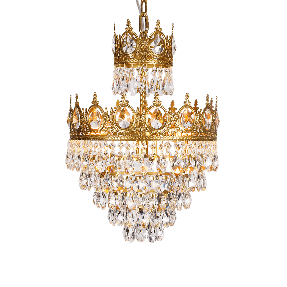 Clérachic crystal chandelier on a white background, showing its two crown tiers and four layers of teardrop crystals.