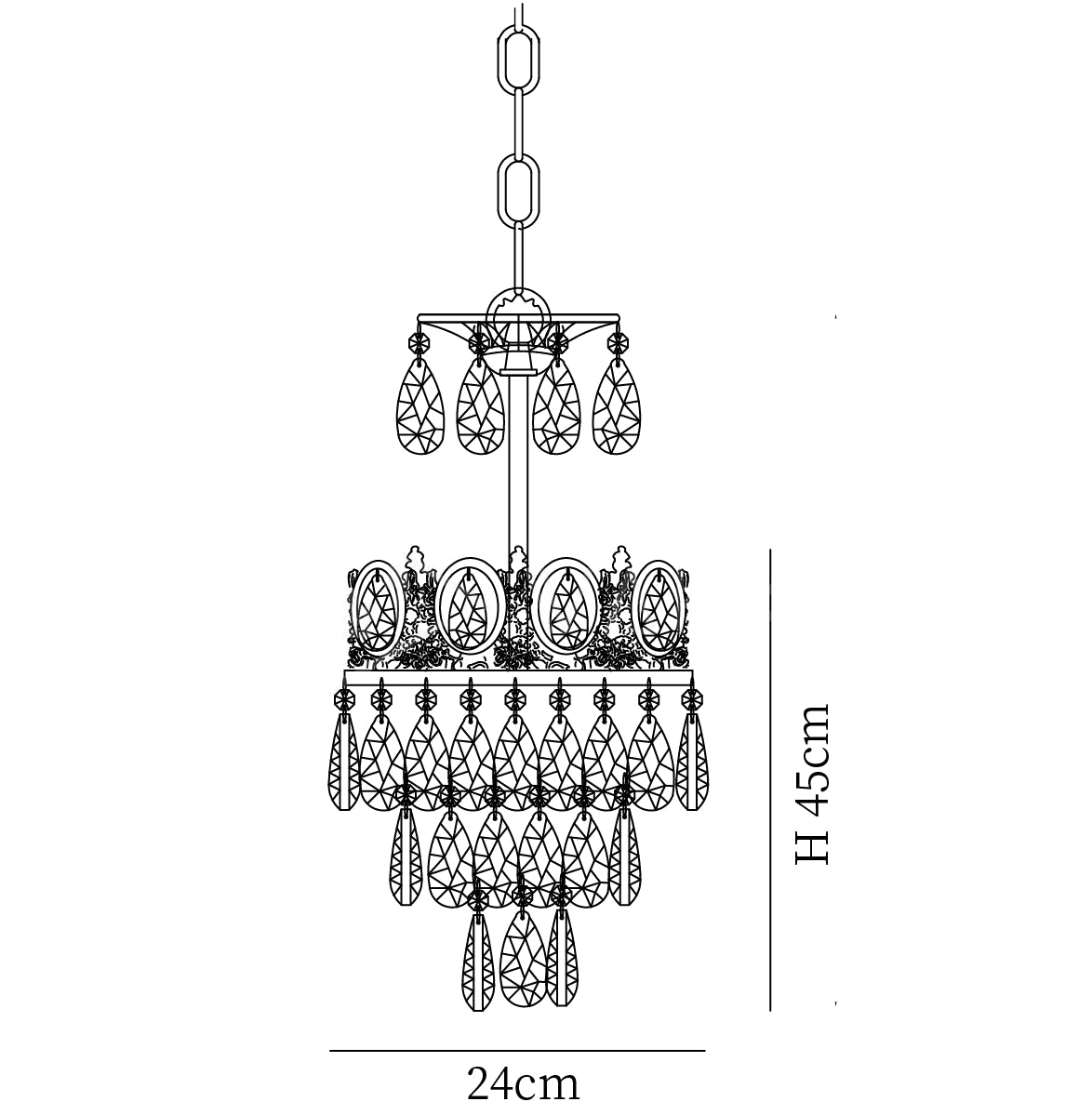 Clérachic pendant light dimension drawing, 1 of 2, every measurement marked in centimetres and inches.