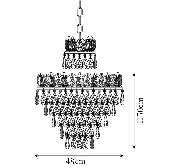Clérachic pendant light dimension drawing, 2 of 2, every measurement marked in centimetres and inches.