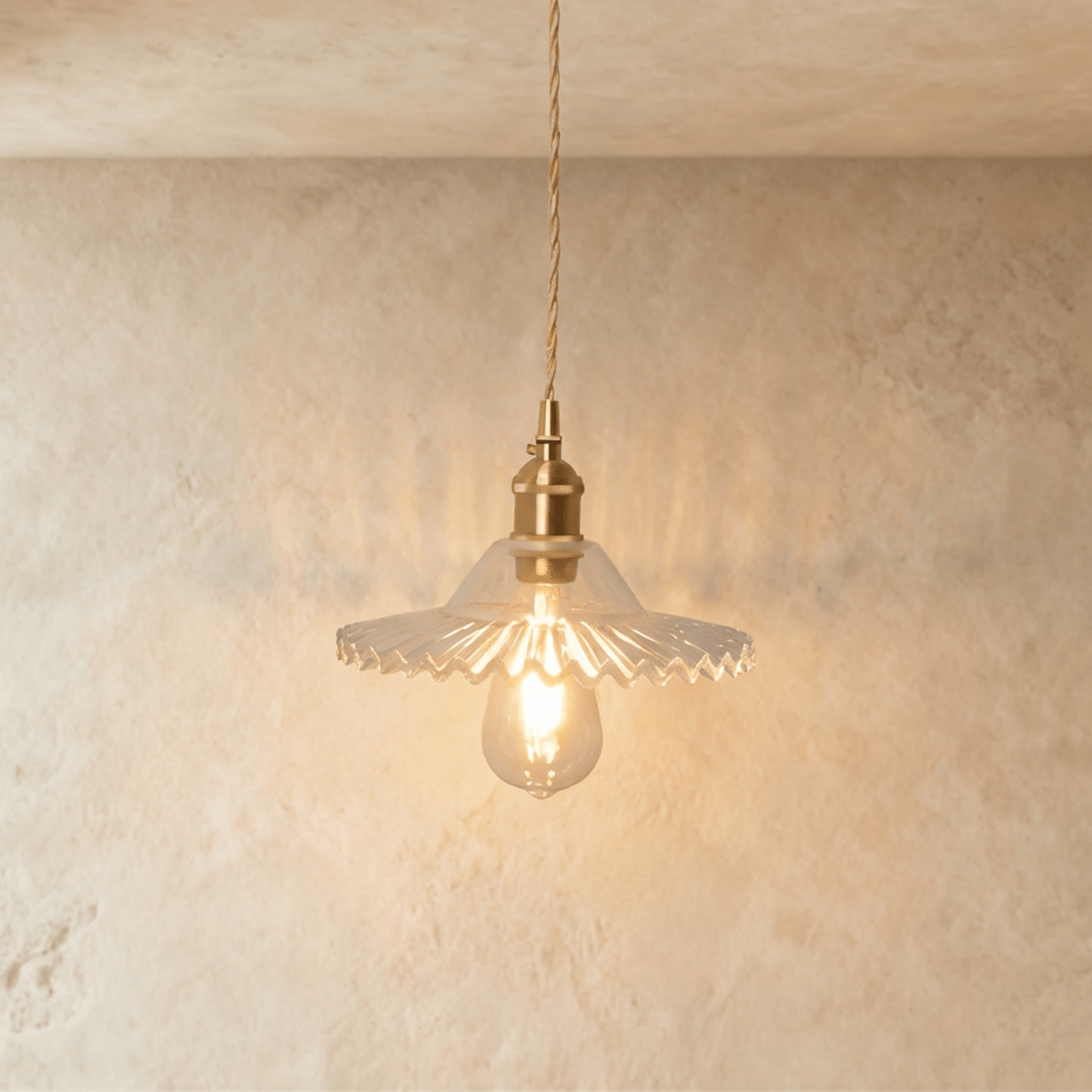Clérachic Isabel pendant light, a pleated clear glass saucer shade with a pinked scalloped edge and exposed bulb.