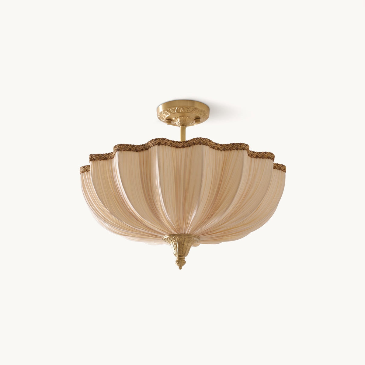 This Clérachic semi-flush ceiling light on a plain white backdrop, a pleated cream shade with a scalloped braided edge and a brass-toned stem.