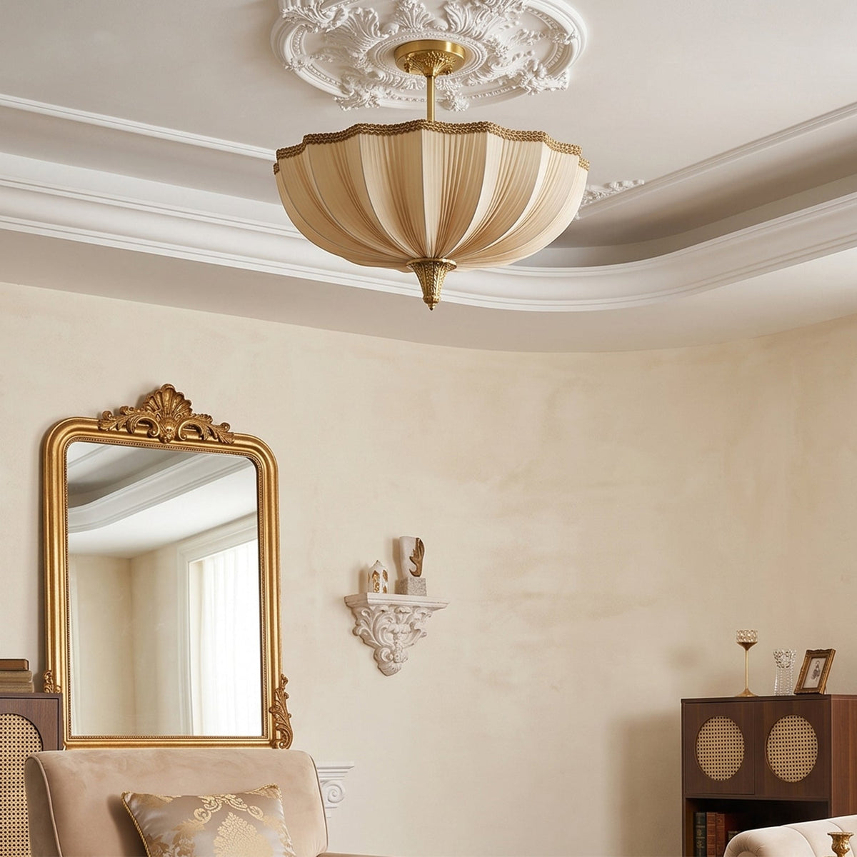 Clérachic ceiling light below a decorative white ceiling rose, with a tall gilt mirror and a small cabinet in a cream room.