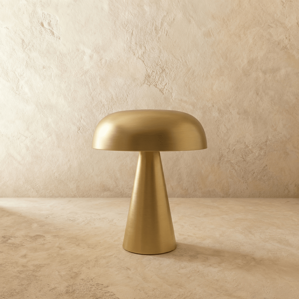 Clérachic gold table lamp, its brushed dome shade glowing warm, stands centred on a limewash backdrop.