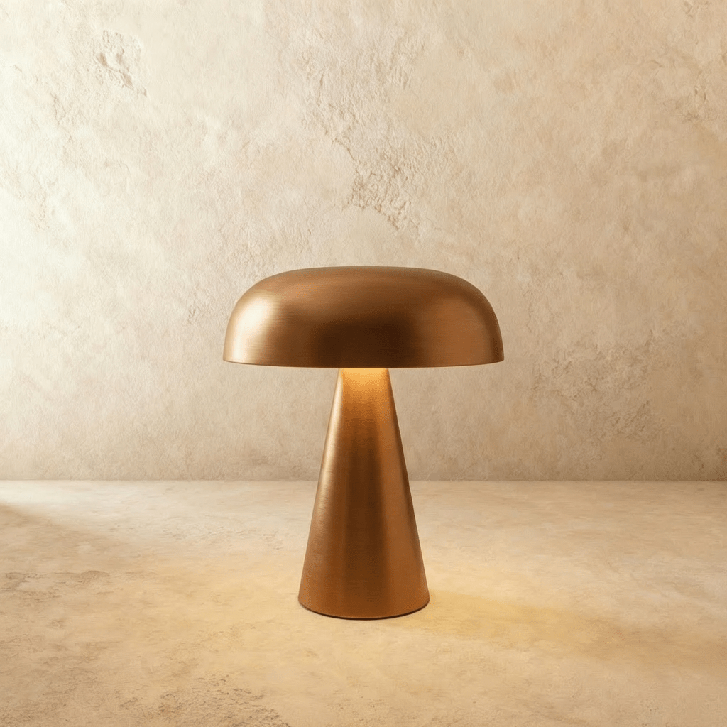 Clérachic copper table lamp with a curved dome shade and cone base, lit warm against a limewash wall.