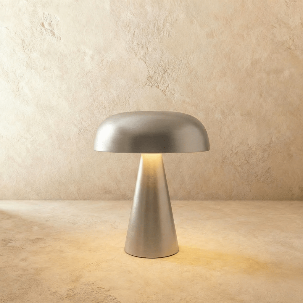 Clérachic silver table lamp, its brushed dome shade and tapered base lit warm on a limewash backdrop.