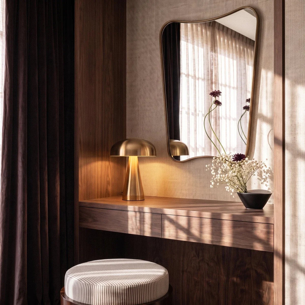 Clérachic gold table lamp glows warm on a vanity console, its dome shade catching afternoon light.