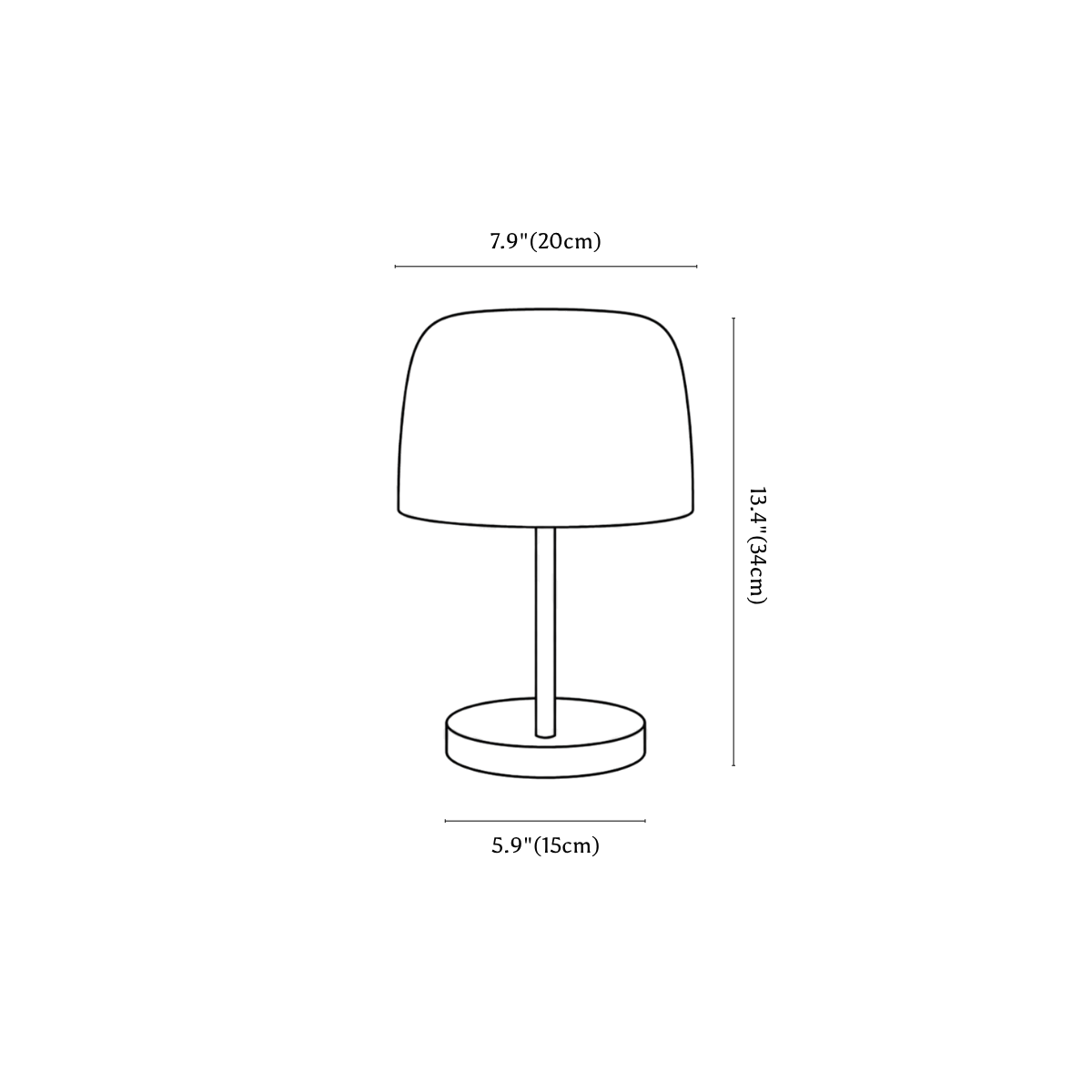 Clérachic table lamp dimension drawing, every measurement marked in centimetres and inches.