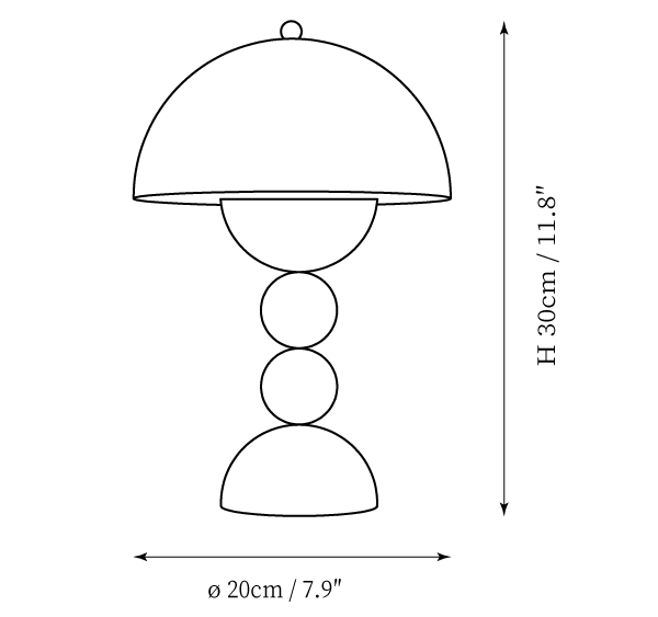 Clérachic table lamp dimension drawing, every measurement marked in centimetres and inches.