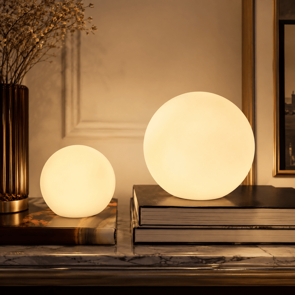 Clérachic cordless orb lamp in two sizes, lit warm on a marble console beside a fluted vase.