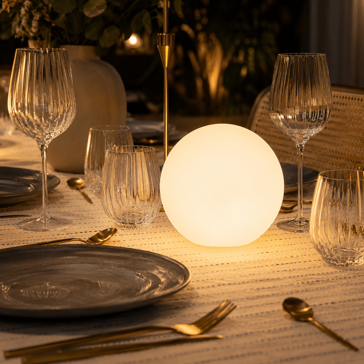 The Clérachic orb lamp lit on a laid dining table among ribbed glassware and gold cutlery.