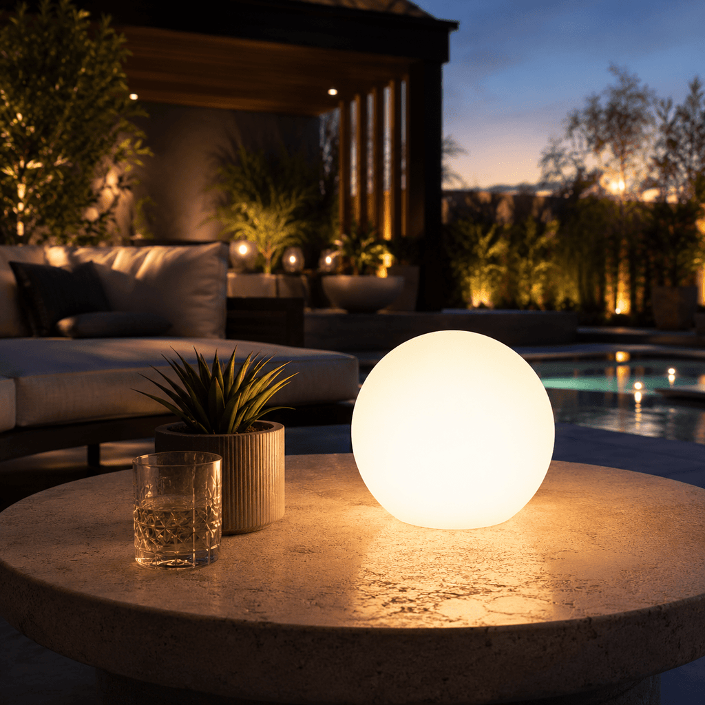 Clérachic orb lamp lit on a stone outdoor table at dusk, a pool and lounge seating behind.