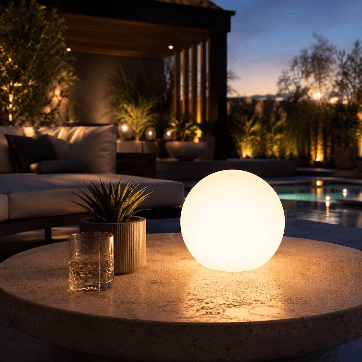 Clérachic orb lamp lit on a stone outdoor table at dusk, a pool and lounge seating behind.
