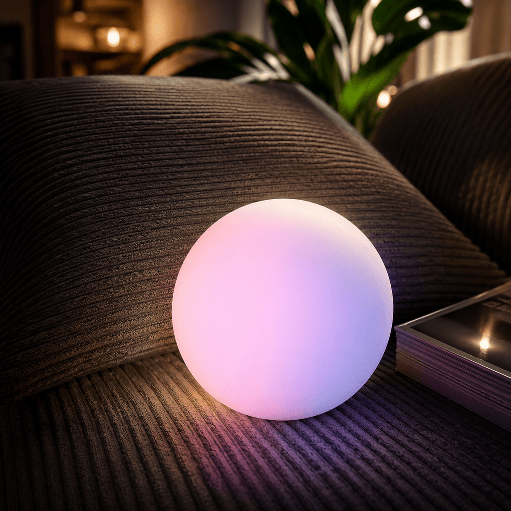 The Clérachic orb lamp lit pink on a corduroy sofa cushion beside a trailing plant.