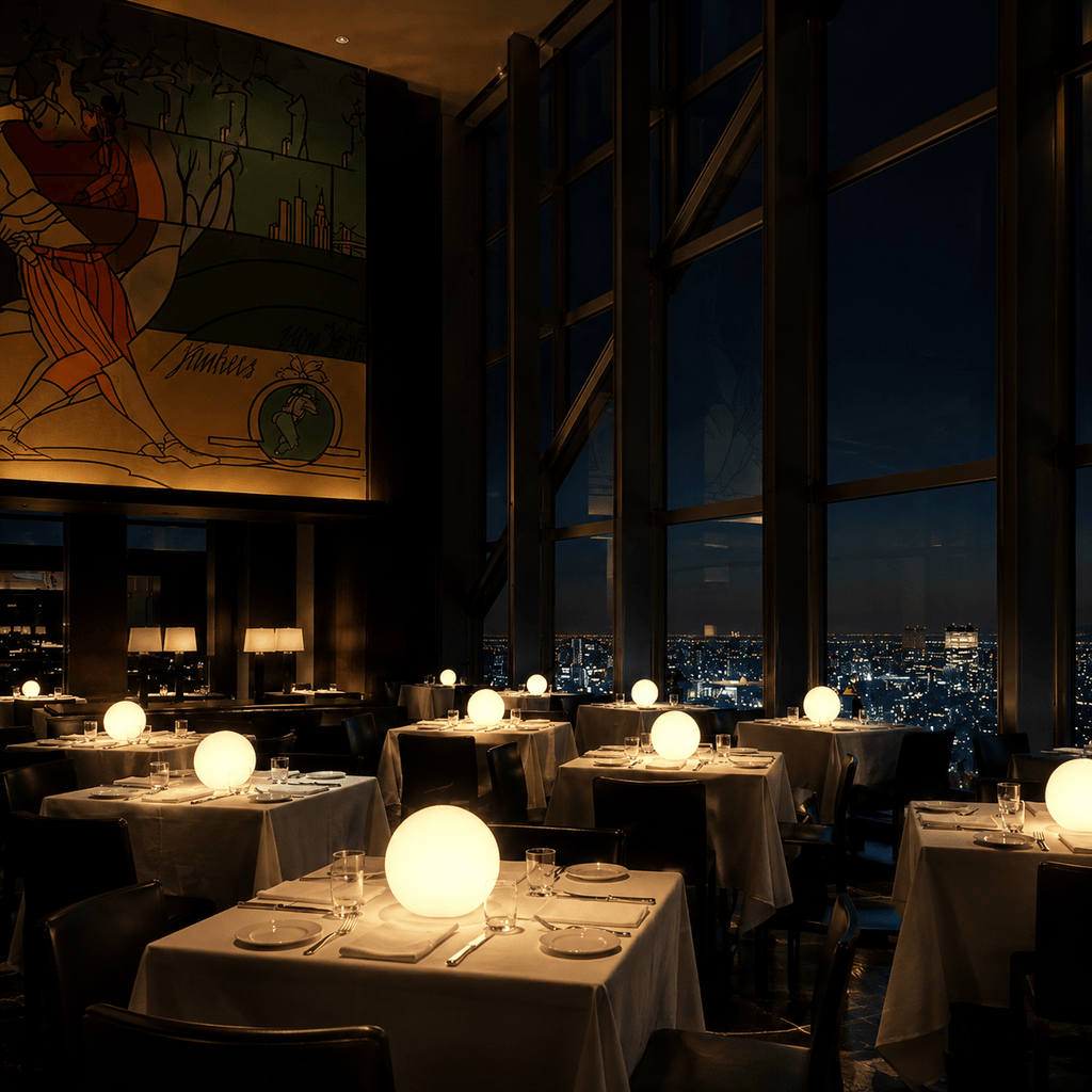 Clérachic orb lamps lit on every table in a dark restaurant with a city skyline beyond.