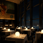 Clérachic orb lamps lit on every table in a dark restaurant with a city skyline beyond.
