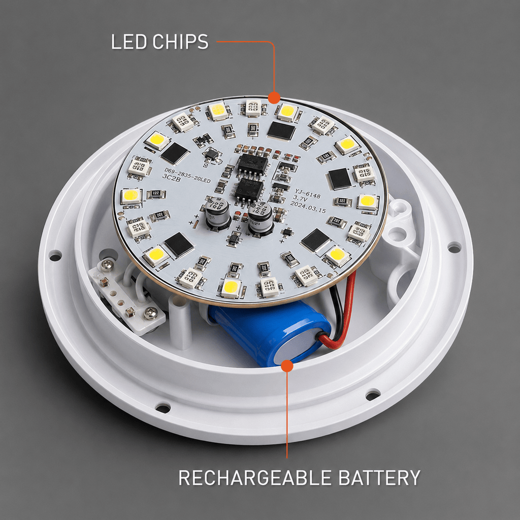 Cutaway of the Clérachic orb lamp showing its LED chip ring and rechargeable battery.