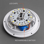 Cutaway of the Clérachic orb lamp showing its LED chip ring and rechargeable battery.