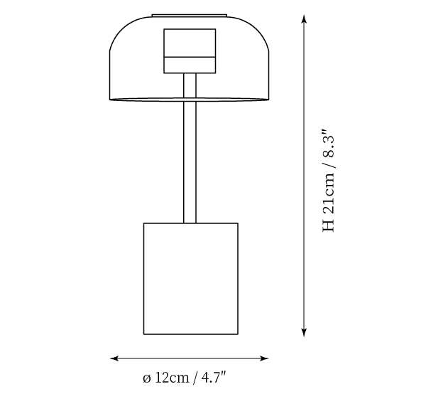 Clérachic table lamp dimension drawing, every measurement marked in centimetres and inches.