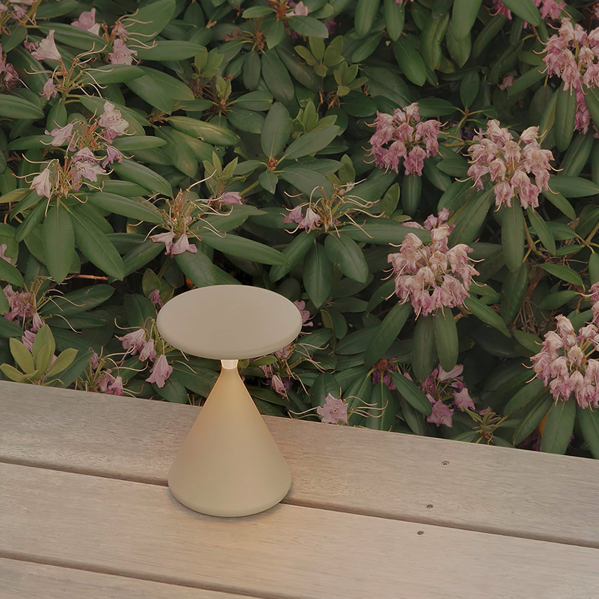 Cream Clérachic table lamp on a pale wooden deck, with pink rhododendron flowers and green leaves behind it.