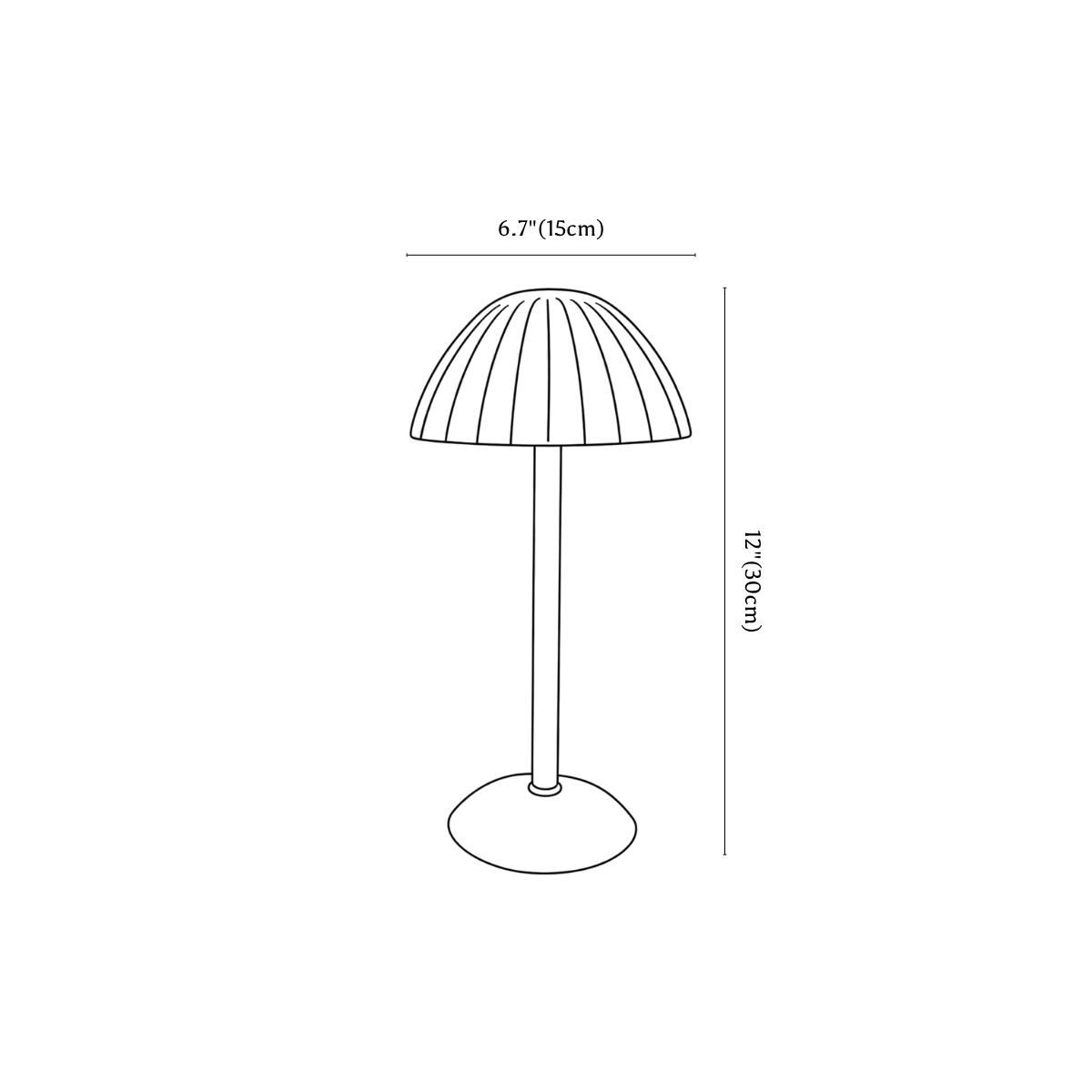 Clérachic table lamp dimension drawing, every measurement marked in centimetres and inches.