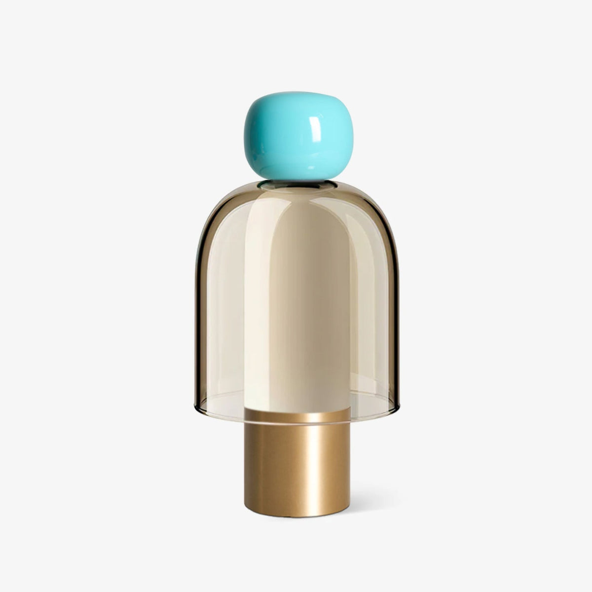 Clérachic table lamp on a plain white backdrop, a turquoise ceramic cap above a smoked glass dome and a brushed brass base.