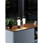 Distant view of two small Clérachic table lamps on a wood-topped cabinet by a window, with a plant in a black pot beside them.