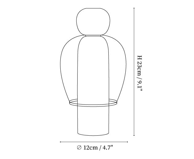 Clérachic table lamp dimension drawing, every measurement marked in centimetres and inches.