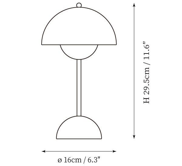 Clérachic table lamp dimension drawing, every measurement marked in centimetres and inches.
