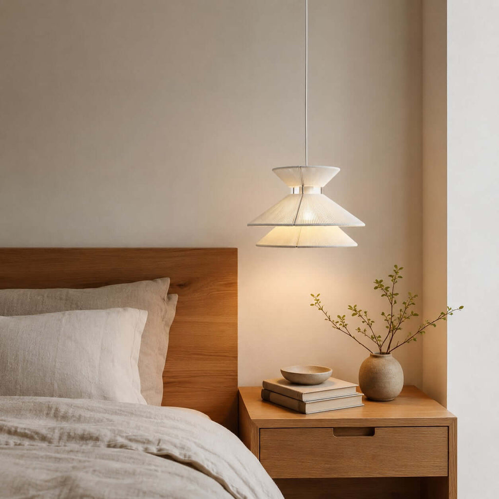 A Clérachic pendant light glows warmly above a wooden bedside table, with a linen-dressed bed and a vase of twigs nearby.